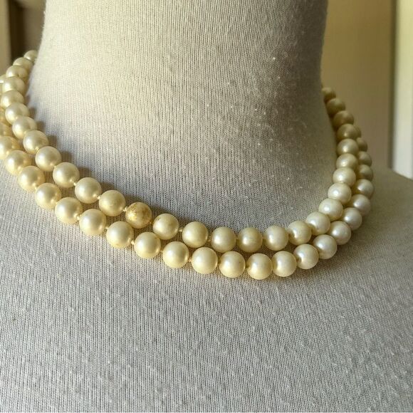 Vintage Double Strand Hand Tied Faux Pearl Necklace with Rhinestone Clasp - Picture 3 of 6